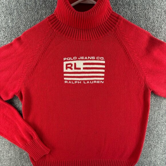 Ralph Lauren Polo Jeans Women Flag Sweater Red XL Turtleneck Knit Pullover USA - Picture 1 of 16